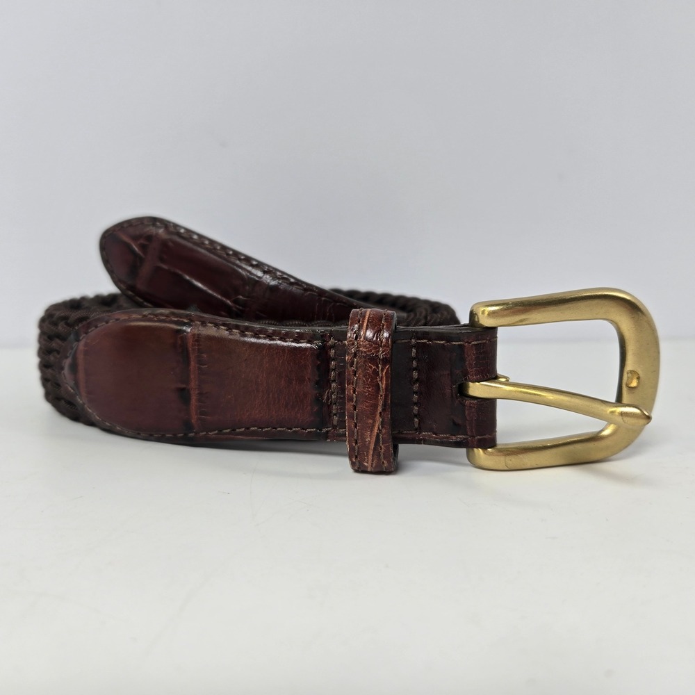Brighton Belt Mens 34 Brown Braided Leather Croc Embossed Solid Brass USA